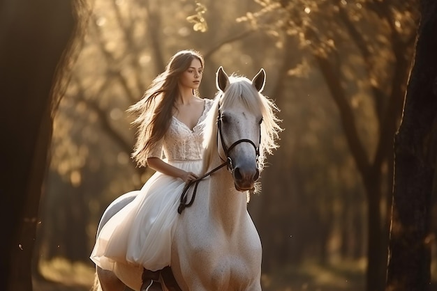 Belle fille vêtue d'une robe longue à cheval blanc dans la vue sur la nature du paysage de la jungle