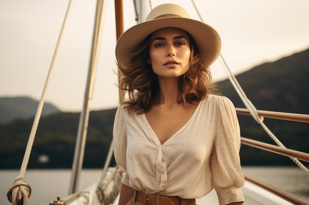 Belle fille sur un yacht bronzage bronze et coucher de soleil doré