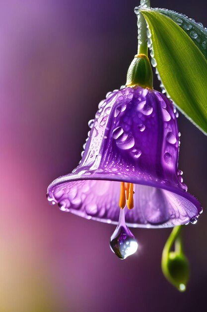 Belle fleur de cloche lilas brillante dans les gouttes de rosée du matin Closeup gouttes d'eau sur les pétales de cloche
