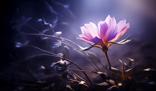 Belle fleur dans un environnement mystique de lumière douce et de fumée générée par l'IA