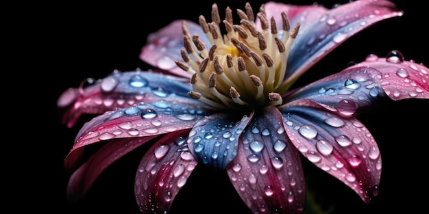 Belle fleur avec des gouttes de pluie sur fond sombre Photo pour affiche ou fond d'écran Generative AI