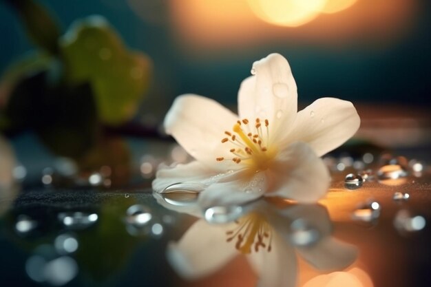 Photo une belle fleur de jasmin blanc avec des gouttes d'eau sur un fond sombre