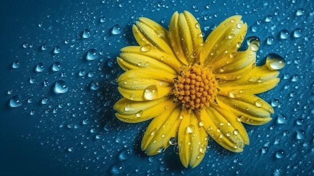 Belle fleur jaune avec des gouttes d'eau sur fond bleu ai générative