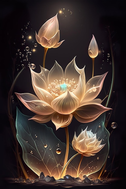 Belle fleur de lotus d'or dans l'économiseur d'écran du monde fantastique pour téléphone AI