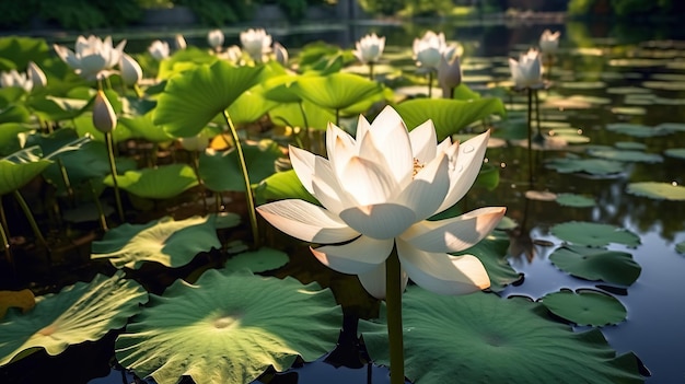 Belle fleur de lotus rose et feuille verte dans l'étang avec IA génératrice de pluie