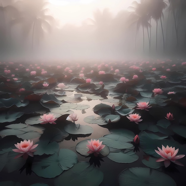 Une belle fleur de lotus rose fleurissant dans l'étang avec la brume