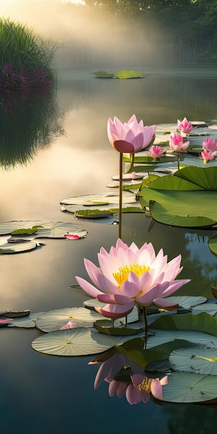 Une belle fleur de lotus rose qui fleurit sur l'étang le matin.