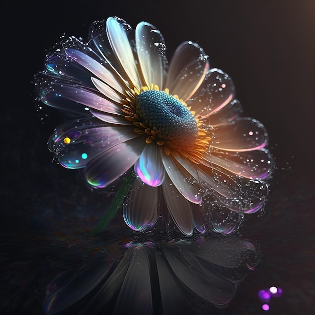 Belle fleur marguerite et goutte d'eau sur fond noir Créé avec la technologie Generative AI