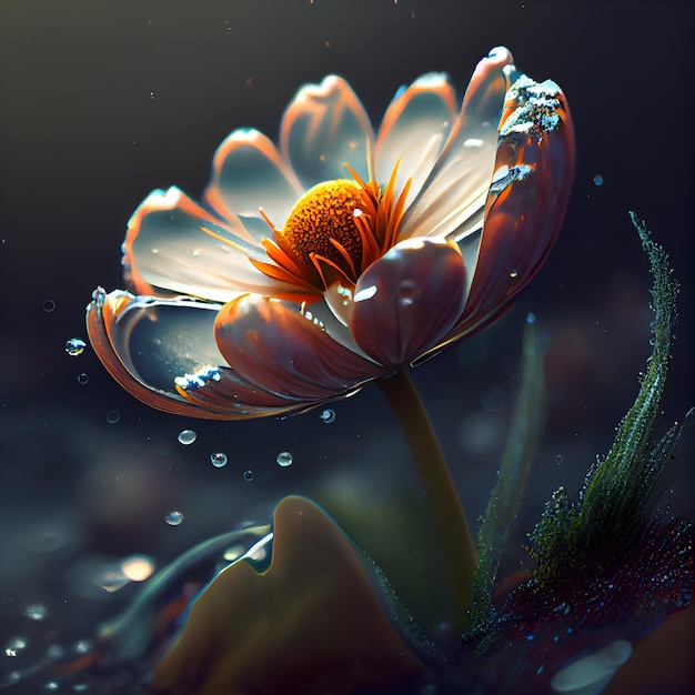 Belle fleur de marguerite avec des gouttes d'eau rendu 3d