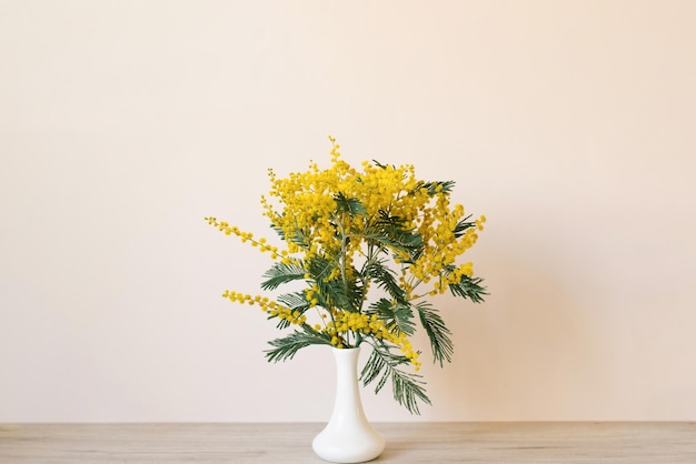 Belle fleur de mimosa jaune fleurit dans un vase en porcelaine blanche au printemps