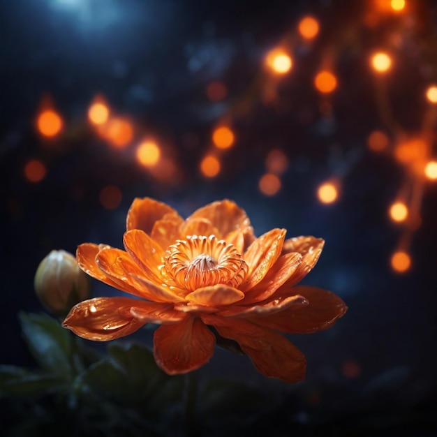 Photo une belle fleur d'orange magique avec des lumières magiques en arrière-plan