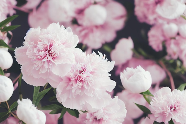 Belle fleur de peon rose clair dans un décor de jardin d'été