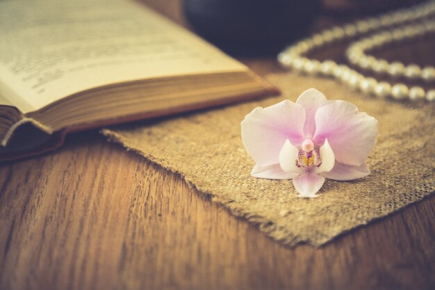 Belle fleur avec vieux livre et tasse de café ou de thé. Fond romantique avec effet de filtre rétro