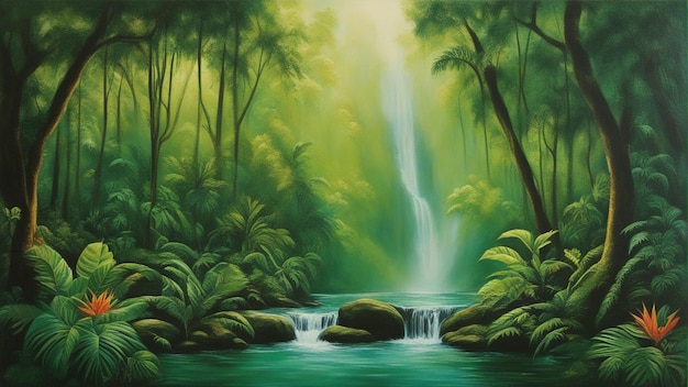 Une belle forêt enchantée de conte de fées avec de grands arbres et de l'eau tombe végétation peinture numérique