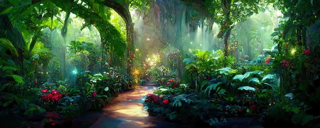 Une belle forêt enchantée avec de grands arbres de conte de fées et une grande végétation Illustration de fond de peinture numérique