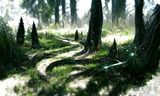 Belle forêt magique arbres fabuleux Les rayons du soleil du paysage forestier illuminent les feuilles et les branches des arbres Forêt d'été magique Illustration 3d