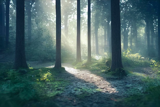 Belle forêt magique dans la vue brumeuse ensoleillée