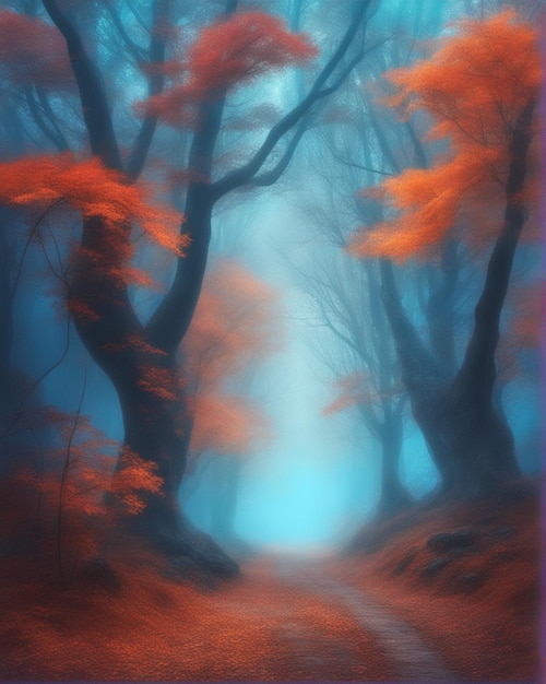Une belle forêt mystique dans le brouillard bleu en arrière-plan d'automne
