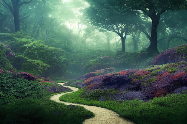 Belle forêt mystiquePaysage coloré avec des arbres enchantés Paysage avec