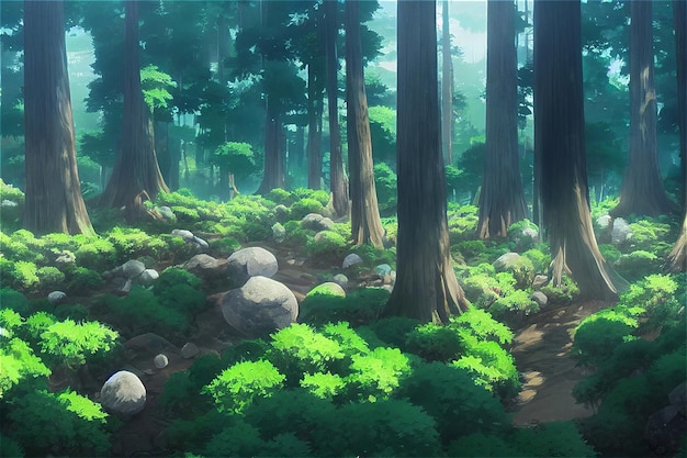 Une belle forêt de nature rurale une illustration dans un style d'animation de fond d'anime
