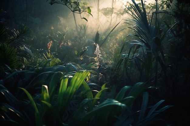 Belle forêt tropicale avec brouillard et lumière du soleil le matin Thaïlande