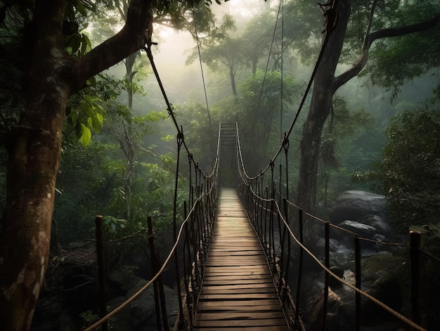 Une belle forêt tropicale et un pont de corde en Thaïlande