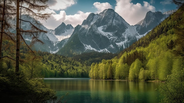 Belle forêt verte avec un lac et des montagnes enneigées en arrière-plan Generative AI