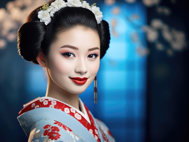 Une belle Geisha du Japon ancien souriant portrait fond clair bleu