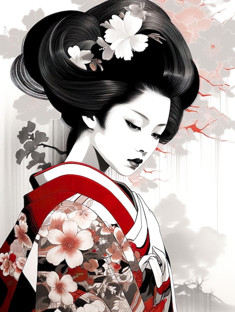 Belle geisha en noir blanc gris et rouge