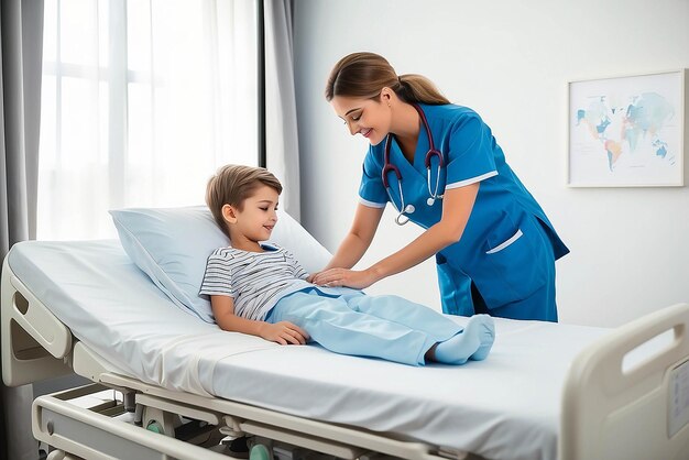 Photo une belle et gentille infirmière qui s'occupe d'un petit garçon hospitalisé dans un lit. une infirmière heureuse remet les couvertures au jeune enfant patient allongé sur le lit de l'hôpital.