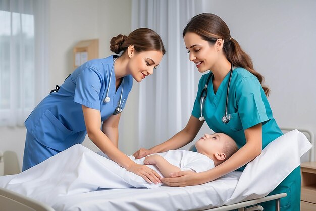 Photo une belle et gentille infirmière qui s'occupe d'un petit garçon hospitalisé dans un lit. une infirmière heureuse remet les couvertures au jeune enfant patient allongé sur le lit de l'hôpital.