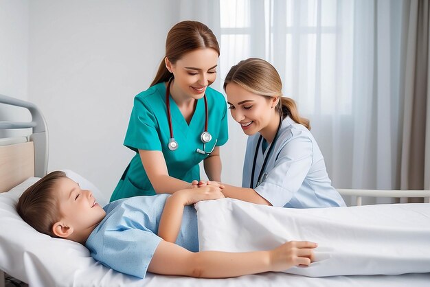 Photo une belle et gentille infirmière qui s'occupe d'un petit garçon hospitalisé dans un lit. une infirmière heureuse remet les couvertures au jeune enfant patient allongé sur le lit de l'hôpital.