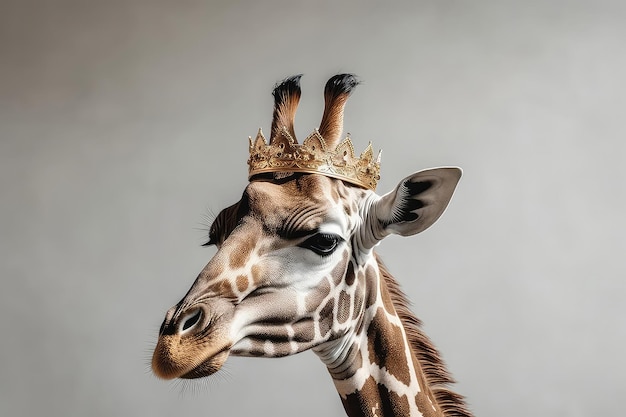 Belle girafe en couronne d'or sur fond blanc IA générative
