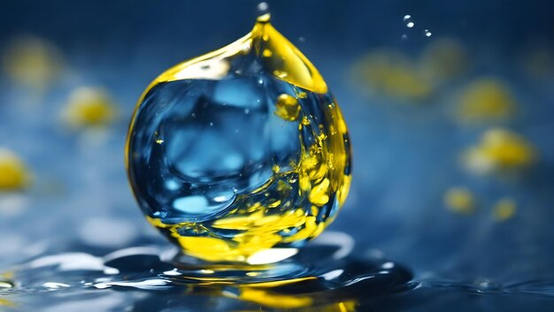 Belle goutte d'eau transparente et brillante sur une surface lisse en couleurs bleue et jaune