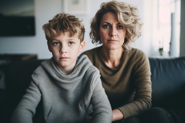 Une belle grand-mère aux cheveux blonds posant avec un mignon jeune garçon assis dans le canapé dans l'IA générative