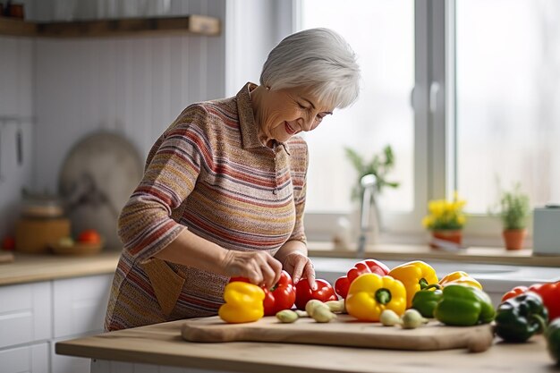 une belle grand-mère aux cheveux gris cuisine dans la cuisine coupe des poivrons sur une planche