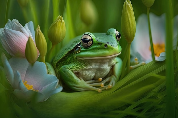 Belle grenouille verte dans l'herbe assise sur un pétale de lys créé avec une IA générative