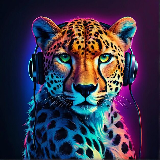 Belle guépard tigre Porte-tête écouteur T-shirt modèle d'affiche de conception illustration d'image colorée Ai généré art