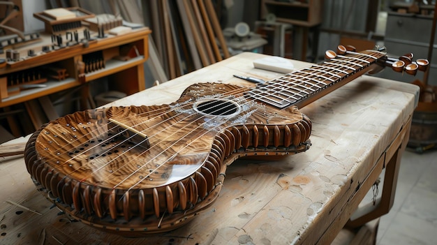 Une belle guitare artisanale est posée sur une table en bois dans un atelier. La guitare est faite de bois sombre riche et a un design complexe unique.