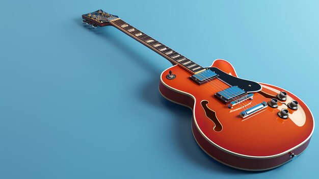 Une belle guitare électrique à corps semi- creux rouge et orange sur un fond bleu La guitare est en focus et le fond est légèrement flou