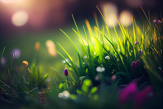 Belle herbe de printemps avec bokeh backgroundgenerative ai