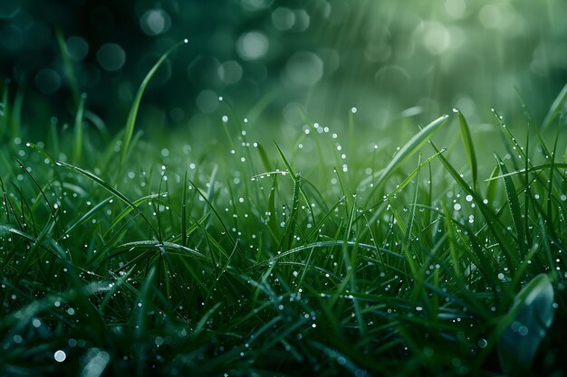 belle herbe verte avec des gouttes de pluie en arrière-plan