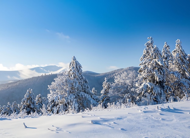 Belle hiver matin froid fond de neige avec des arbres forêt et montagne en arrière-plan