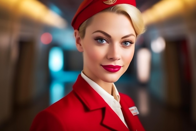 Belle hôtesse de l'air en uniforme rouge