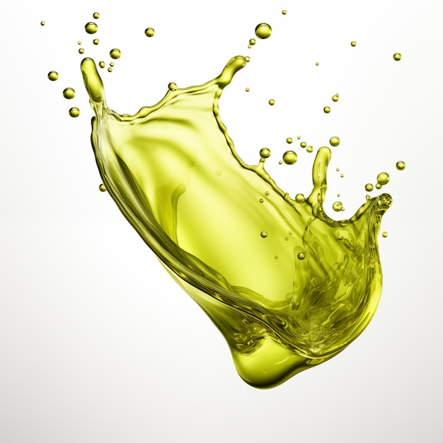 Photo belle huile d'olive à cuisiner, éclaboussure de liquide jaune isolée sur fond blanc