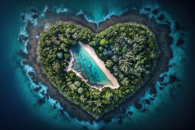 Belle île tropicale en forme de coeur générée par Ai