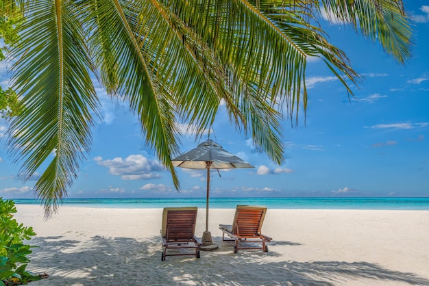 Belle île tropicale, loisirs de parapluie de lit de couple sous des feuilles de palmier, ciel de sable de mer paradisiaque