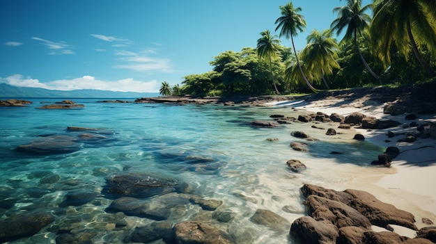 Belle île tropicale avec palmiers et panorama de la plage en arrière-plan