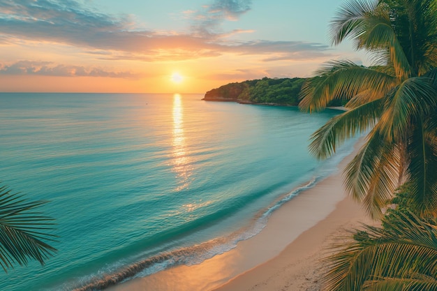 Une belle île tropicale, une plage paradisiaque au coucher du soleil, des palmiers, du sable blanc doux et de l'eau turquoise.