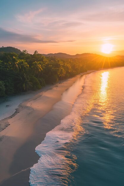 Une belle île tropicale, une plage paradisiaque au coucher du soleil, des palmiers, du sable blanc doux et de l'eau turquoise.